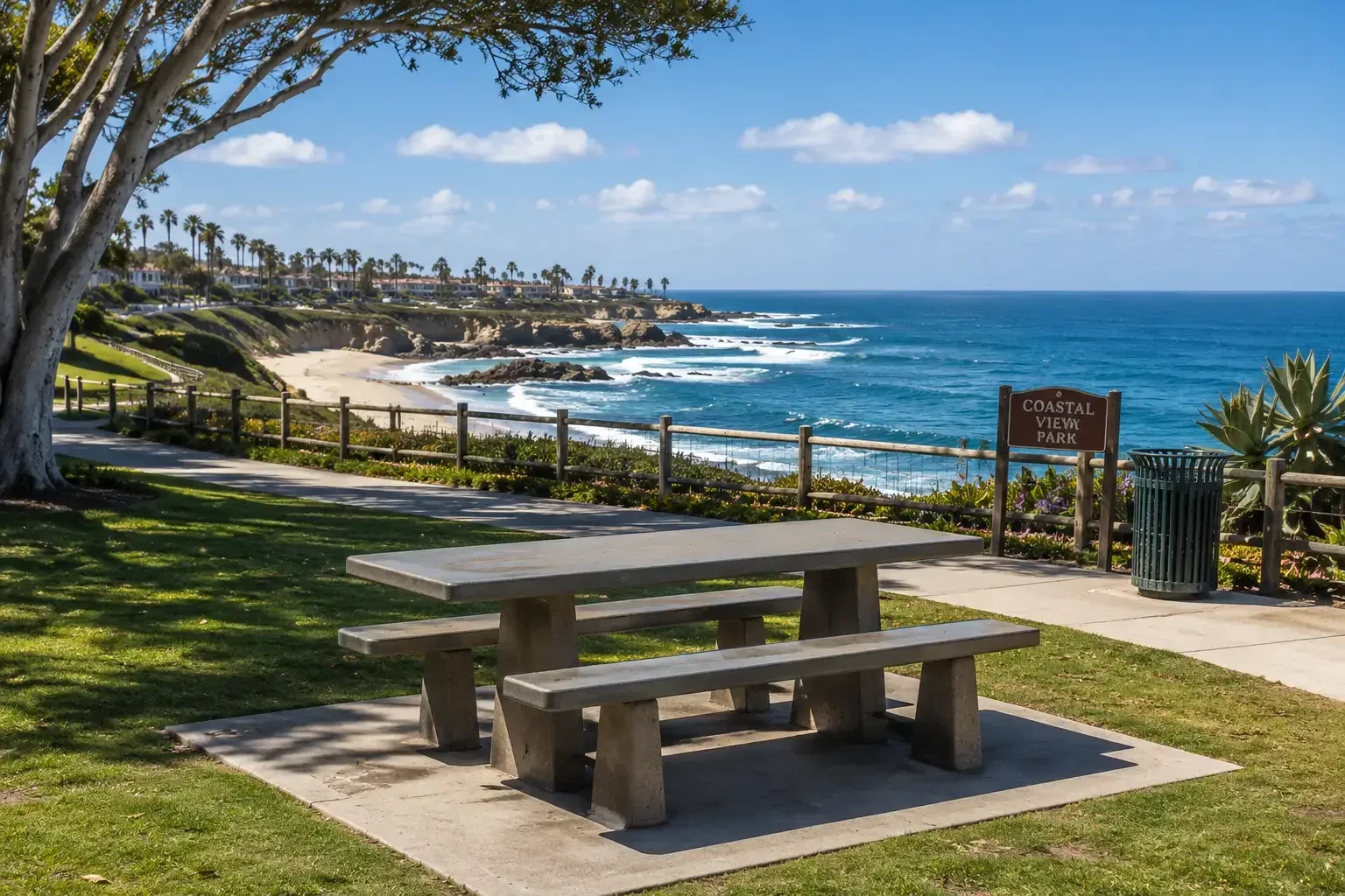 Heavy-duty concrete picnic table installed at a coastal park overlooking the ocean.